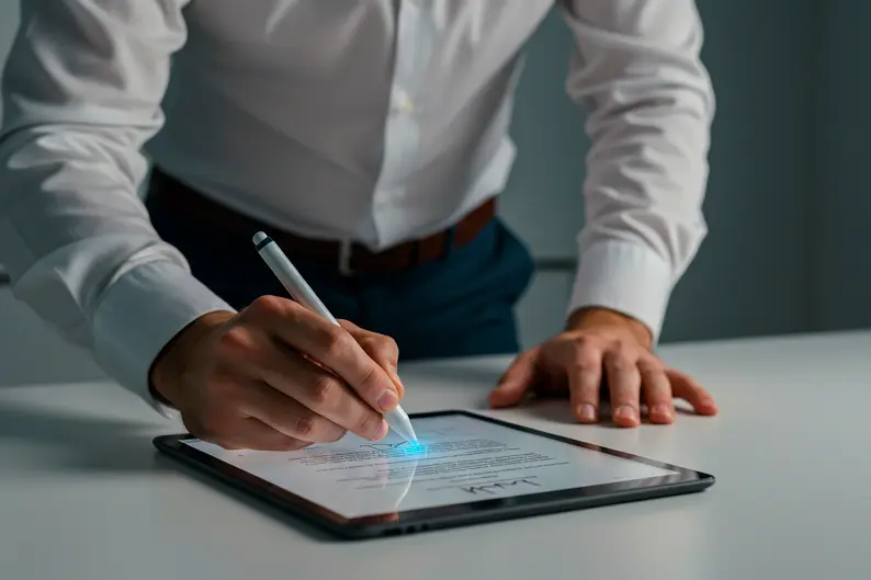 Homem de camisa social usando caneta para fazer assinatura digital em um tablet sobre a mesa.