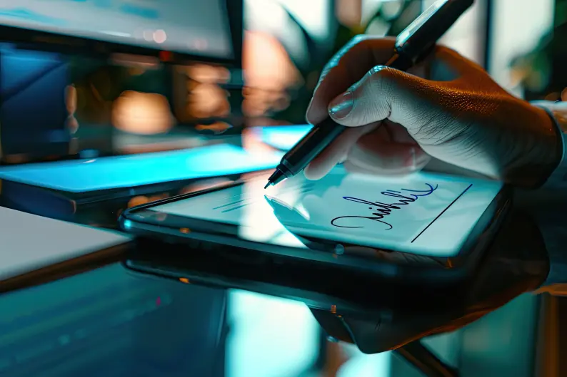 Pessoa fazendo assinatura eletrônica na tela iluminada de um tablet sobre a mesa.