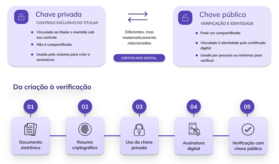 Infográfico explicativo sobre o funcionamento da assinatura digital.